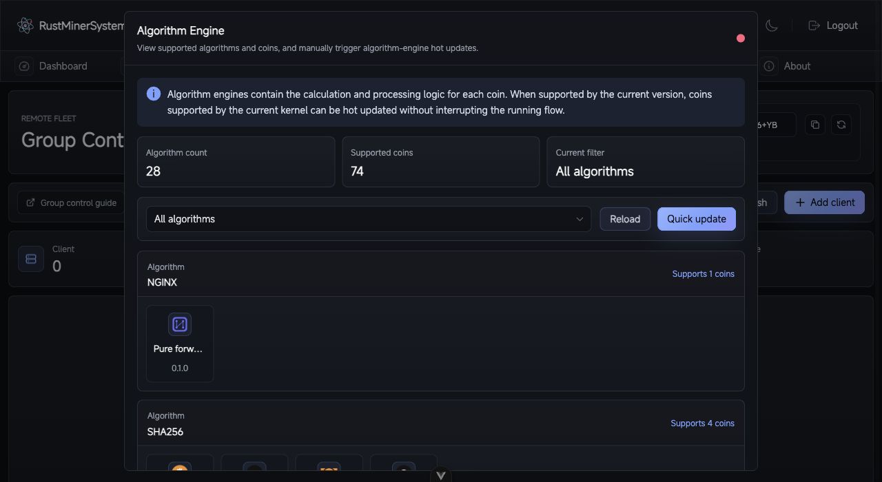 RustMinerSystem algorithm engine dialog