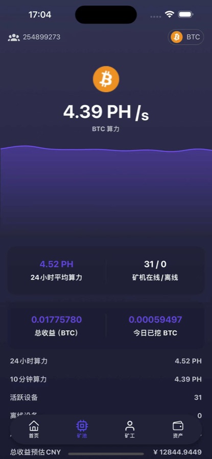 PoolNode Mobile App screenshot showing BTC hashrate details
