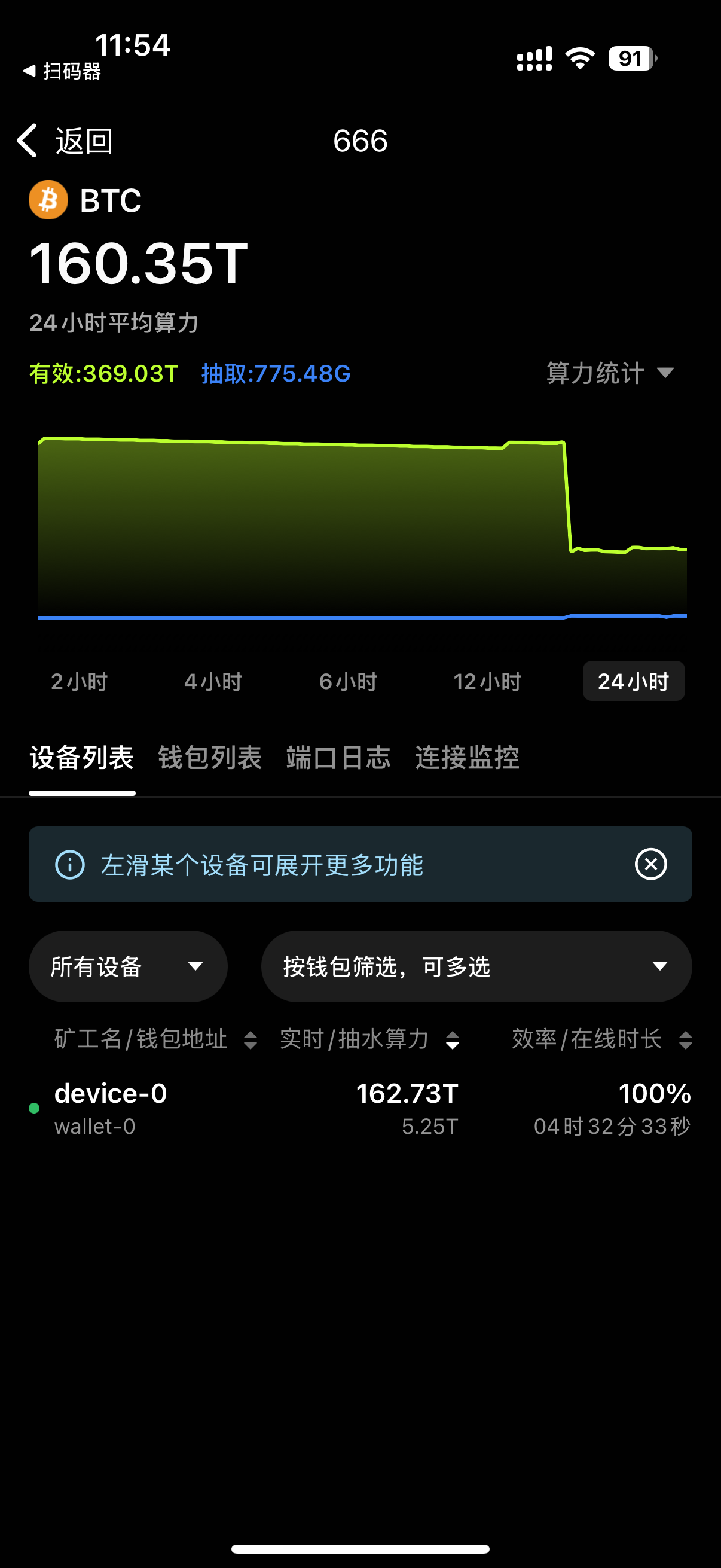 RustMinerApp screenshot showing worker list and 24-hour hashrate