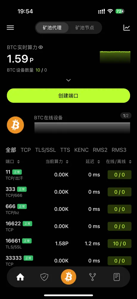 RustMinerSystem App screenshot showing BTC live hashrate and port list